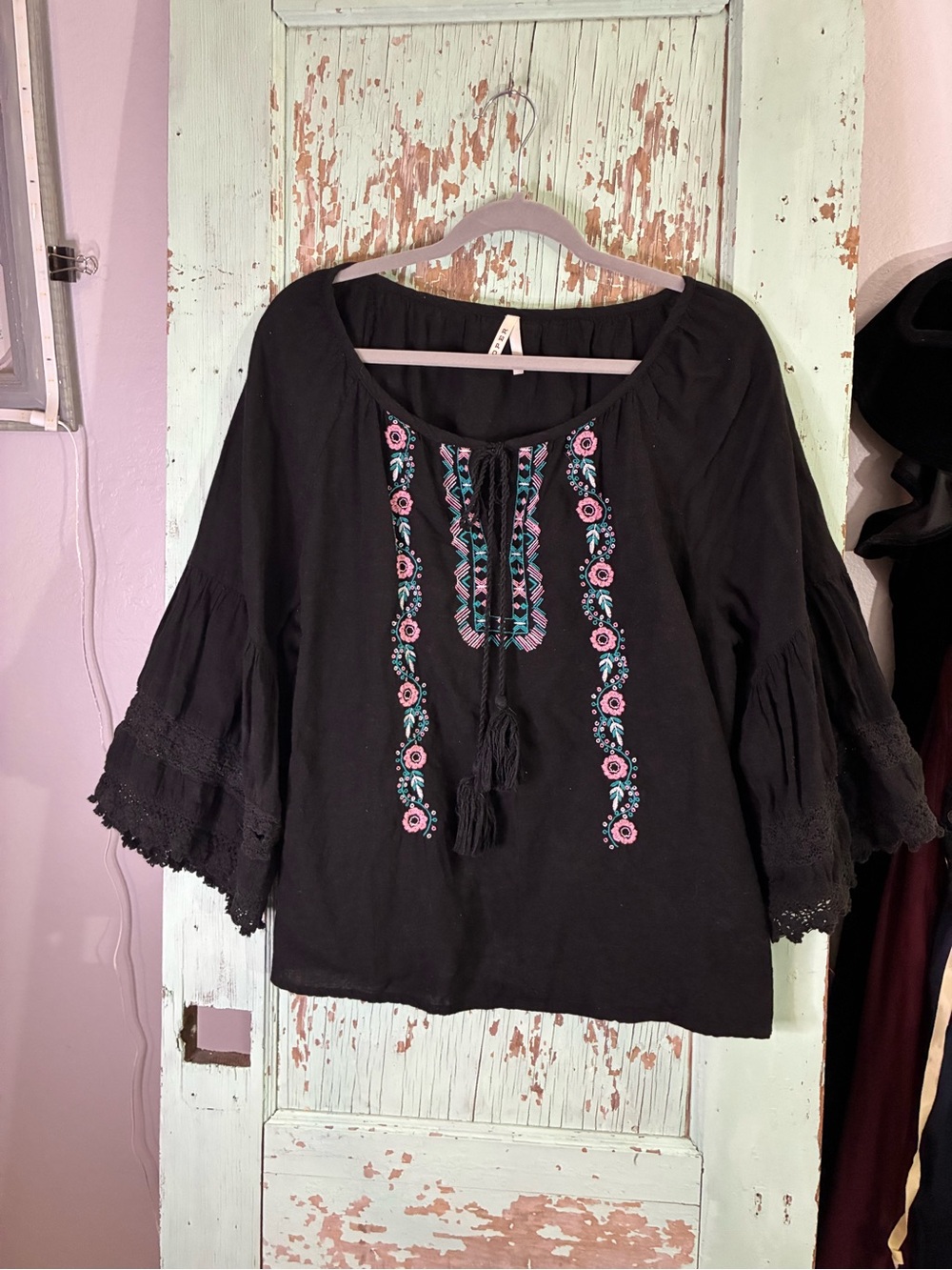 Women’s Roper Black Embroidered Peasant Blouse with Pink & Teal Accents
